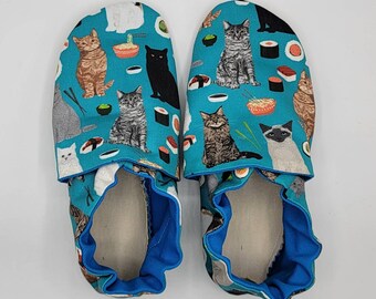 Custom classroom shoes, soft soled slippers, made to order slippers. Montessori or Waldorf shoes. Made to order. Sushi and cats