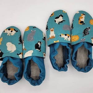 Custom classroom shoes, soft soled slippers, made to order slippers. Montessori or Waldorf shoes. Made to order. Cats.