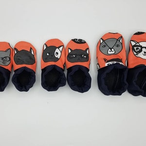Custom classroom shoes, soft soled slippers, made to order slippers. Montessori or Waldorf shoes. Made to order. Cats glasses