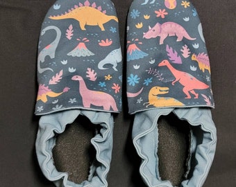 BIG KID Size 1 and size 1.5 combined size classroom shoes. Montessori Waldorf. Vegan soft soled. Ready to ship. Dinosaurs pink purple blue