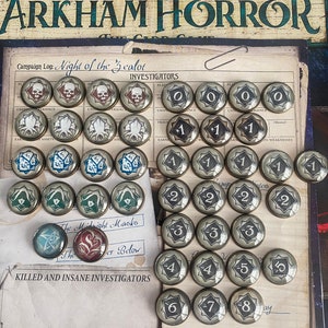 Chamado de Cthulhu Arkham Horror Tokens! Conjunto completo! Jogo de cartas Arkham Horror! Tokens de latão premium de 20 mm.