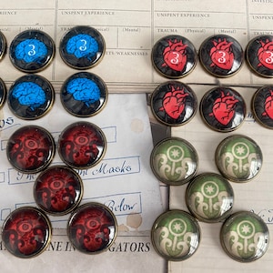 Arkham Horror Tokens. Damage, Sanity, Clue, and Doom tokens. Cthulhu Arkham Horror LCG Tokens. 20mm premium brass backed tokens.