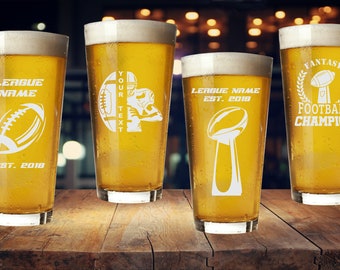 Fantasy Football Glass - Etched Pint Glass for Super Bowl Party Gifts, Custom Beer Glass with League Name, Draft Party Gift Super Bowl 2022