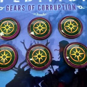 May include: Six round, green and gold, compass-like tokens with a purple border. The tokens feature a starburst design with a yellow centre. The tokens are arranged in a semi-circle on a blue background with the text "Gears of Corruption" visible above the tokens.