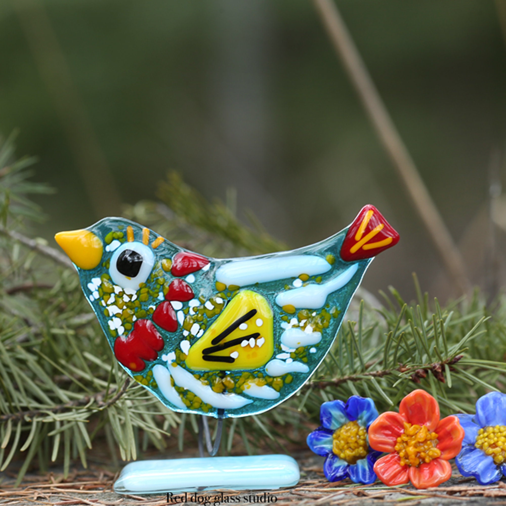 discount sales fused Ornament glass Fused Glass colorful whimsical Facing,  Tit handmade glass bird Sitting sculpture home décor Log, Blue on a nature  figurine Front spring ornament windowsill mantle décor glass art 