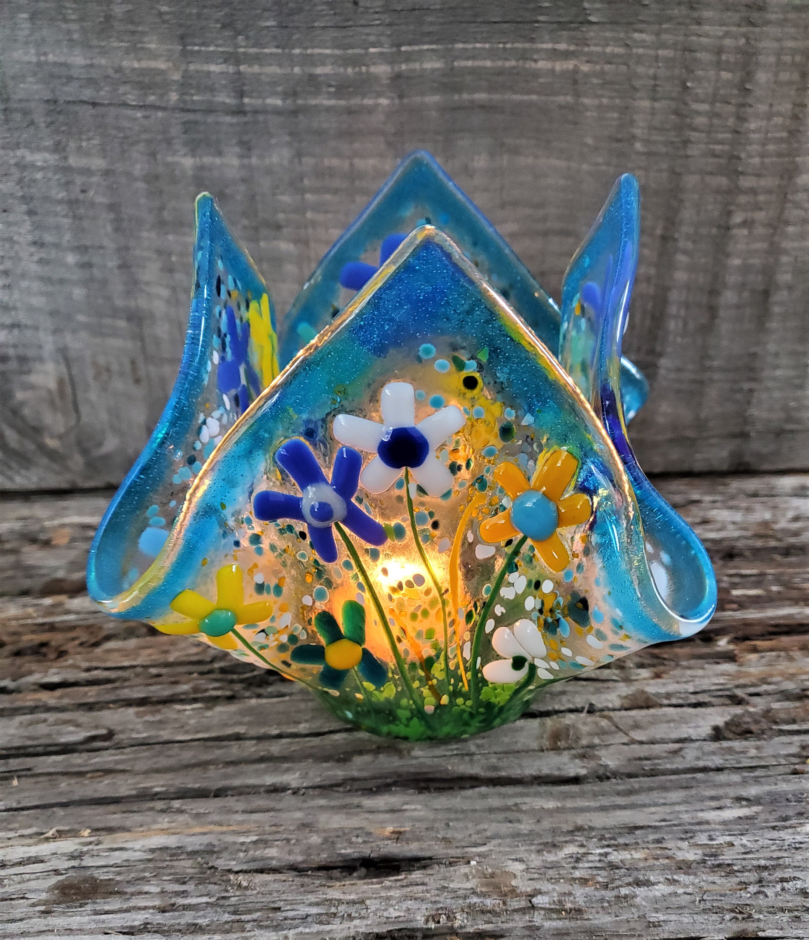 Glass Tea Light Candle Holder Fused Glass Vase Floral Bowl Etsy