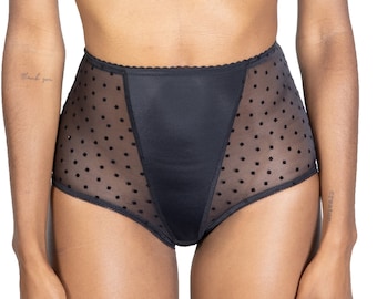 High-Waist Polkadot Panties Full Coverage, sheer high-waist panties, plus size panties, shaping high-waist underwear.