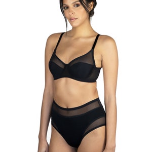 May include: Black lingerie set with a sheer mesh panel on the bra and high-waisted underwear.