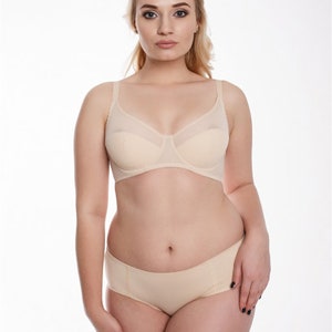 May include: A nude-colored bra and panty set. The bra has a smooth, seamless cup and adjustable straps. The panty has a high-cut leg and a smooth, seamless finish.