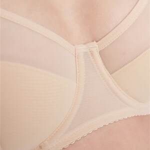 May include: A beige bra with a lace trim and a mesh panel. The bra has a smooth, seamless cup and a delicate, feminine design.