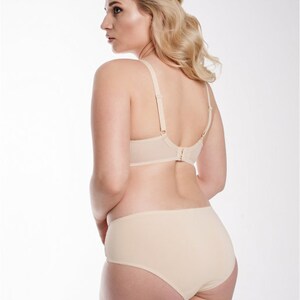 May include: A nude-colored bra and panty set. The bra has adjustable straps and a hook and eye closure in the back. The panty is a high-waisted style with a lace trim.