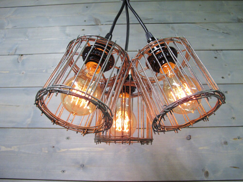 Triple Light Industrial Chandelier With Grey Galvanized Steel Cages Triple Light Industrial Chandelier With Grey Galvanized Steel Cages Repurposed Metal Pendant And Ceiling Lighting