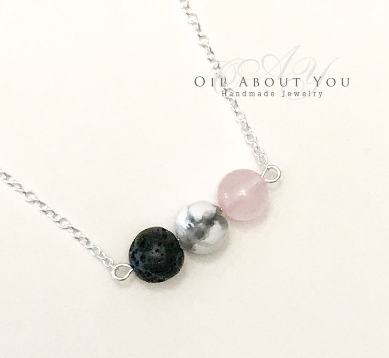 Essential Oil Diffuser Necklace Rose Quartz Aromatherapy Silver Chain Lava Stone Rock Pendant Gift for her