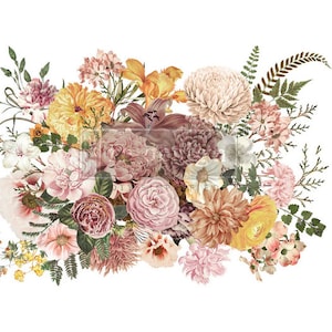 May include: A bouquet of pink, yellow, and orange flowers with green leaves. The flowers include roses, peonies, lilies, and dahlias.