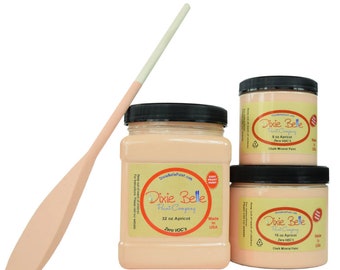 May include: Three jars of Dixie Belle Paint Company chalk mineral paint in the color Apricot. The jars are 8 oz, 16 oz, and 32 oz. The paint is zero VOC's and made in the USA.