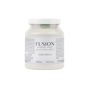 May include: A white 500ml bottle of Fusion Mineral Paint in the colour Parchment. The bottle is labelled with the Fusion logo and the words "paint it beautiful".