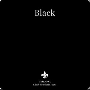 May include: Black chalk paint by Wise Owl. The paint is a deep black color and is labeled with the Wise Owl logo and the words "Chalk Synthesis Paint".