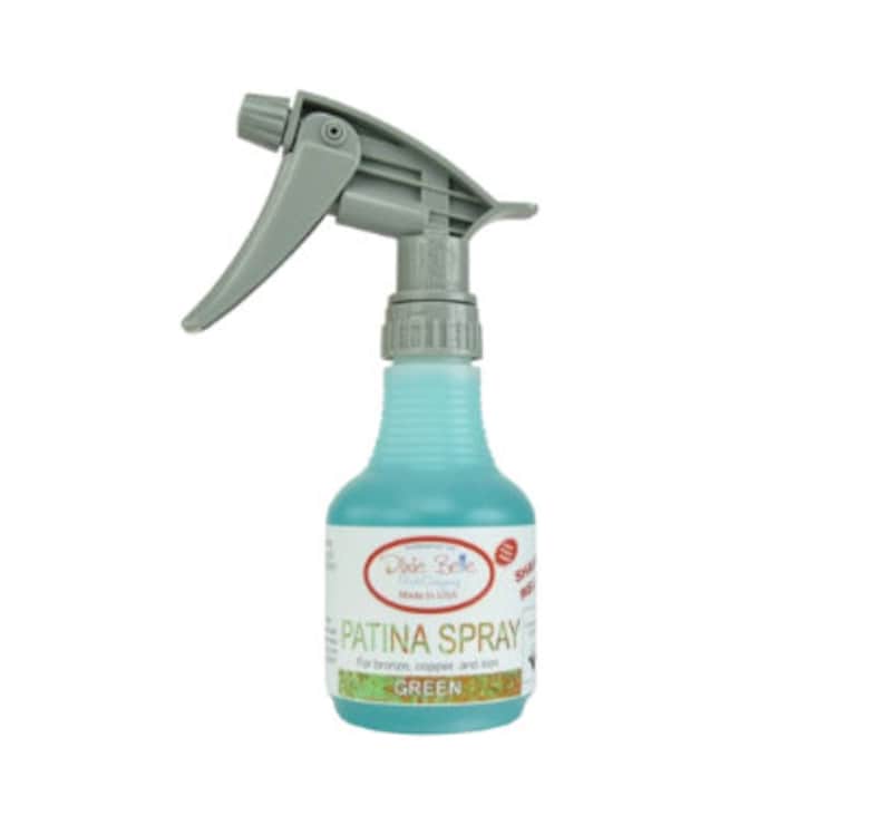 Pu&ograve; includere: Una bottiglia di spray per patina verde con un ugello di spruzzatura grigio. L'etichetta della bottiglia riporta "Patina Spray" e "Verde".