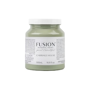 May include: A 500ml bottle of Fusion Mineral Paint in the colour Carriage House. The paint is a light green colour and the bottle is labelled with the Fusion logo and the paint colour name.