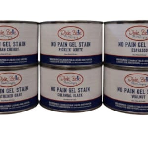 May include: Six cans of Dixie Belle No Pain Gel Stain in various colours, including Georgian Cherry, Picklin' White, Espresso, Weathered Grey, Colonial Black, and Walnut.