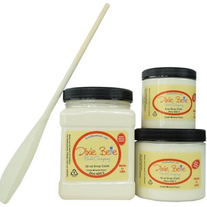 May include: Three jars of Dixie Belle Paint Company chalk mineral paint in the color Drop Cloth. The jars are 8, 16, and 32 ounces. The paint is zero VOC and made in the USA.