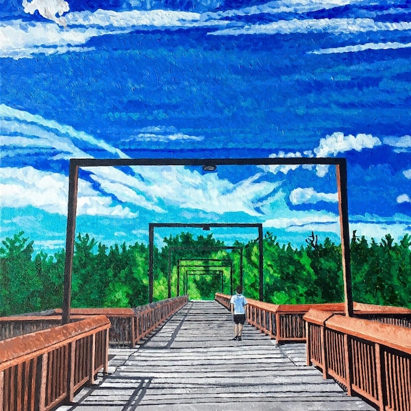 Capilano Foot Bridge, Goldbar,  Bridges, Edmonton Art,  Summer, Painting, 12"x12", print