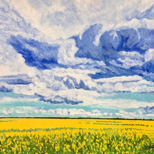 Oh Amazing Skies, Canola Field, Camrose Alberta, Canadian Art, Canada, Summer Painting, Painting, 12"x16", print