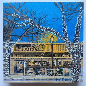 The Next Act, Edmonton Art, paysage urbain nocturne, Whyte Avenue, peinture, 30 x 30 cm, impression