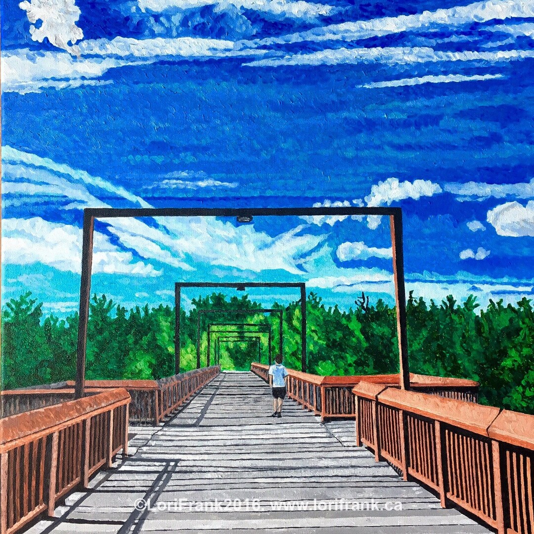 Capilano Foot Bridge, Goldbar, Bridges, Edmonton Art, Summer, Painting, 12x12, Print Etsy