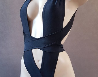 Criss Cross Bondage High-Cut Bodysuit / Rave Bodysuit / Woman Swimwear / Festivals Bodysuit/Pole Dance Bodysuit  Black Bodysuit/ Rave Outfit