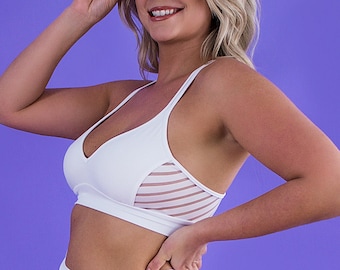 Sport Bra Stripe panel Crop Top/Pole Dance Clothes /White Lingerie Bra/ Sport and Fitness Lingerie/Plus Size Top/Festivals Costume/ Yoga Top