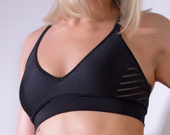 Sport Bra Stripe panel Crop Top/Pole Dance Clothes /Black Lingerie Bra/ Sport and Fitness Lingerie/Plus Size Top/Festivals Costume/ Yoga Top