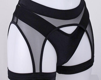 Sheer Black Garter Lingerie 2 pieces Set / Thigh Garter Belt + Cheeky Thong/ Woman Lingerie Outfit/ Rave / Pole Dance/ Festival Outfit