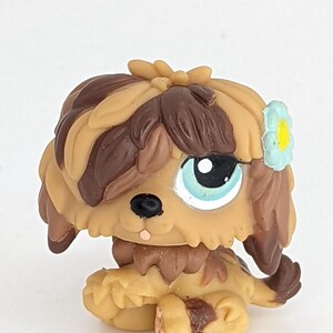 May include: A small brown and tan plush toy dog with blue eyes and a blue flower on its head. The dog is sitting with its paws tucked under its body.