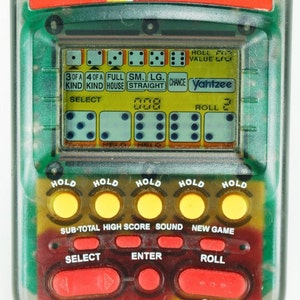 Yahtzee handheld elektronisch spel MB Milton Bradley 1995 Clear Smoke Color Travel vintage retro cadeau