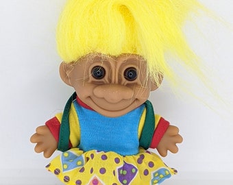 Russ Troll Doll Vintage Yellow Hair School Girl In Dice Dress