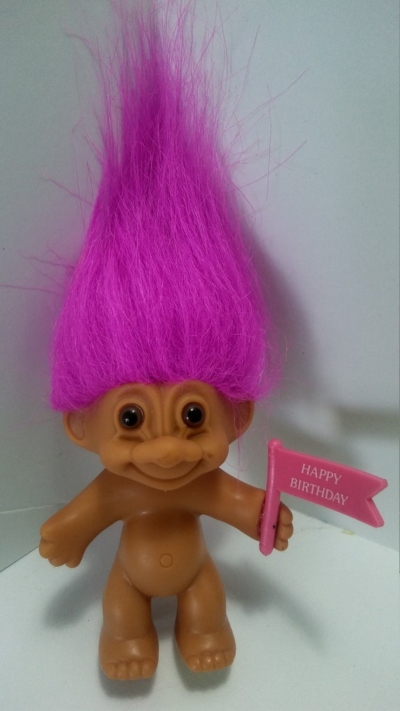 Vintage Russ Troll Doll Happy Birthday Dark Pink Purple Hair Trolls 3"...