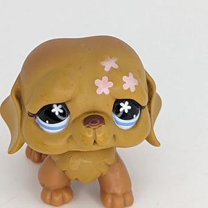 Puede incluir: Un juguete de peluche de perro marrón y tostado con ojos azules y detalles de flores rosas. El perro tiene una expresión triste y está de pie sobre sus cuatro patas.