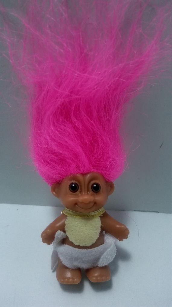 Vintage Russ Troll Doll Baby With Bib and Diaper Yellow Hair