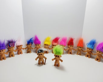 Vintage Russ Troll Dolls Yellow Orange Pink Red Purple Green Blue Gray White Peach Teal Rainbow hair