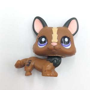 Peut inclure: Un jouet en plastique marron et beige en forme de chien, avec de grands yeux bleus et des oreilles noires. Le jouet a une bande beige clair au centre de la tête et les lettres "LPS" sont imprimées sur le côté. Le chien est couché sur une surface blanche.
