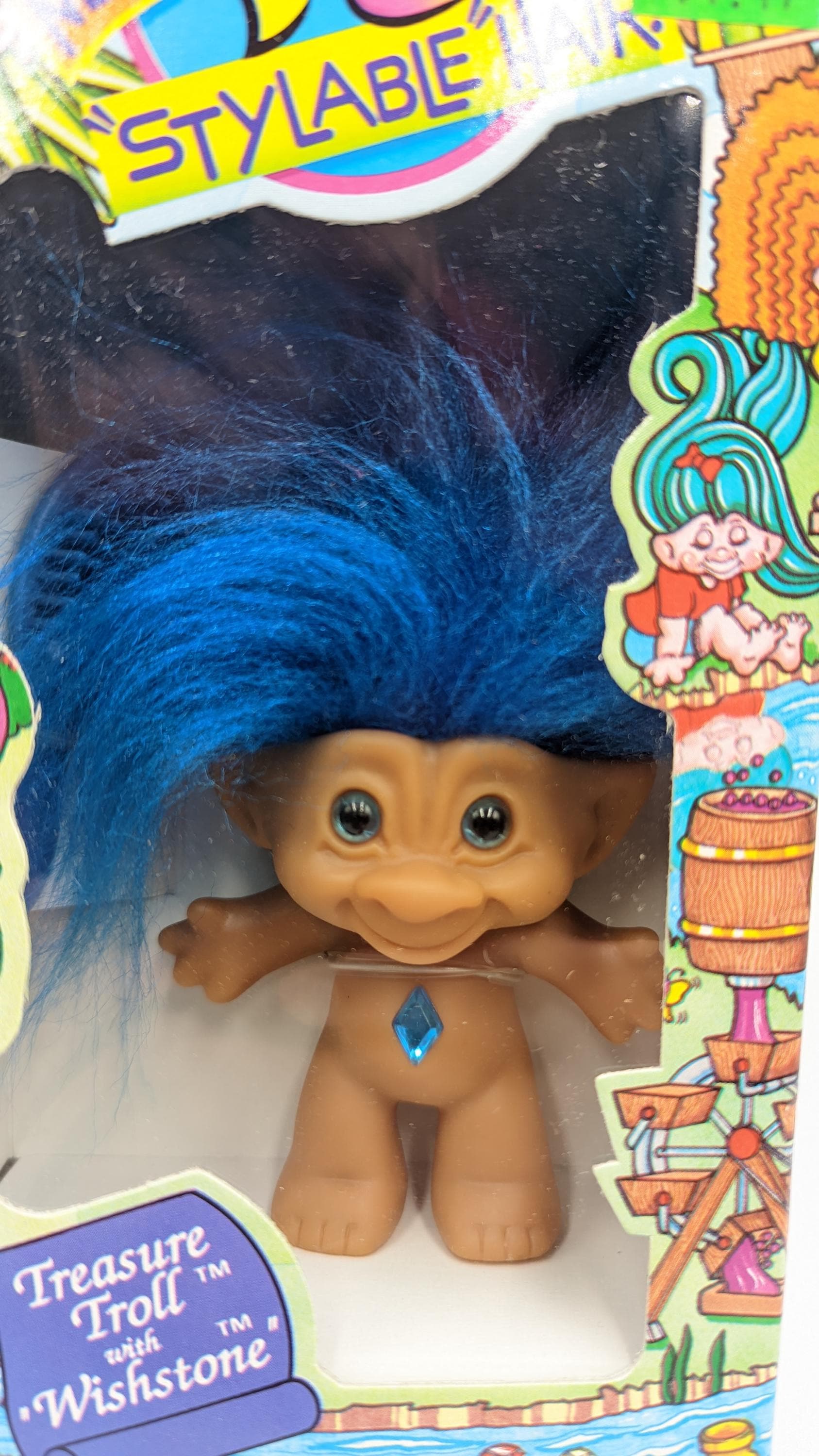 Blue Hair Treasure Troll Doll Gemstone Wish Stone Vintage 3 Inches