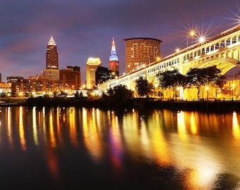 Stampa fotografica del paesaggio urbano di Cleveland, Ohio, Veterans Memorial Bridge