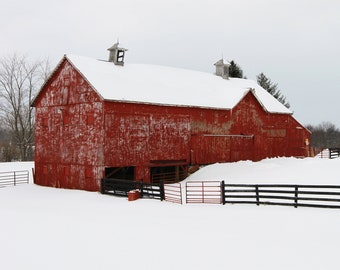 Red Barn, Photography prints, metal prints, Winter Snow Farmland, Midwest Decor