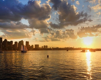 Boston Harbor Sunset Sailboat Photography Print, New England Decor
