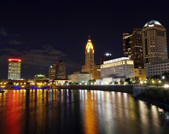 Columbus Ohio Skyline Photography Print, LaVeque Tower, Scioto River