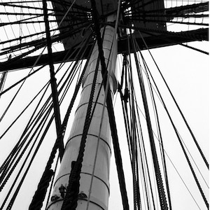 May include: A close-up view of a tall ship's mast with many ropes and lines attached. The ropes are black and the mast is white. The ropes are all tied together at the top of the mast.