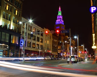 Cleveland Ohio Night Cityscape Photography Print, Downtown Decor