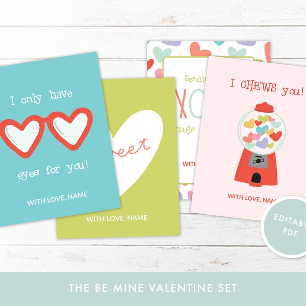 Be Mine Editable Valentines, Valentine's Day Gumball DIY Valentine Template, Sweet Heart Pennant Printable Valentine cards Instant Download