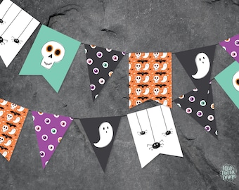 MINI Halloween Bunting, Spooky Eyeball DIY Banner Template, Ghost Banner, Skull and Bat Pennant Printable Bunting Garland Instant Download